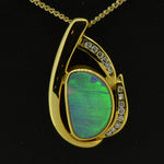 18ct Yellow Gold Solid Crystal Opal Pendant with Brilliant Cut Diamonds