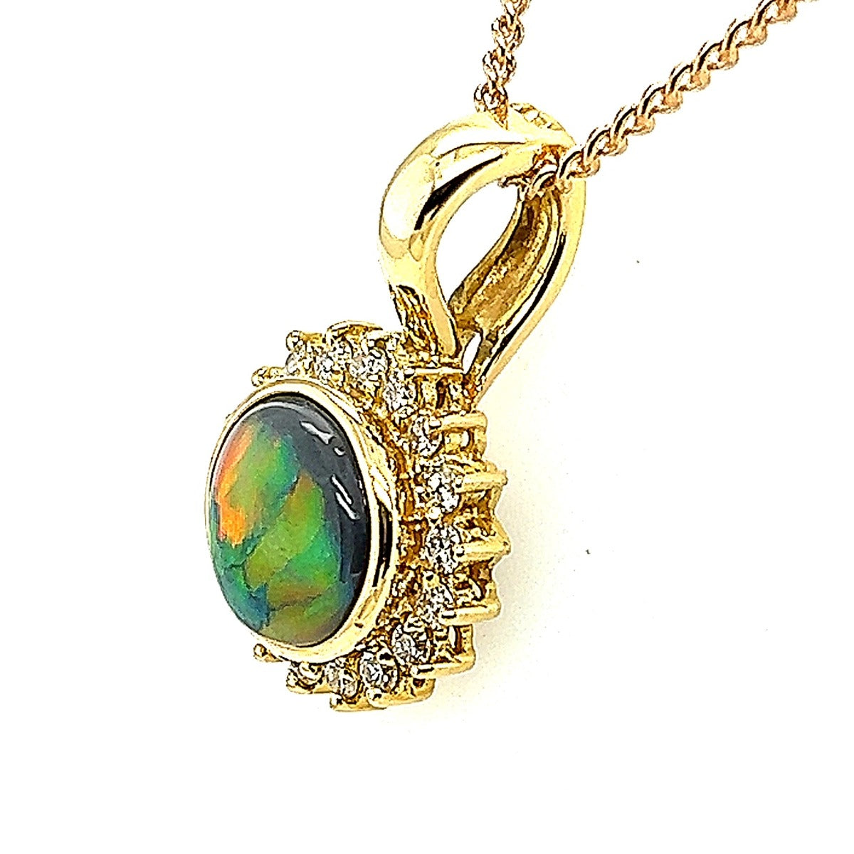 18ct Yellow Gold Black Opal Pendant Surrounded By Diamonds (blkp3402) 18ct Yellow Gold Black Opal Pendant Surrounded By Diamonds (blkp3402)