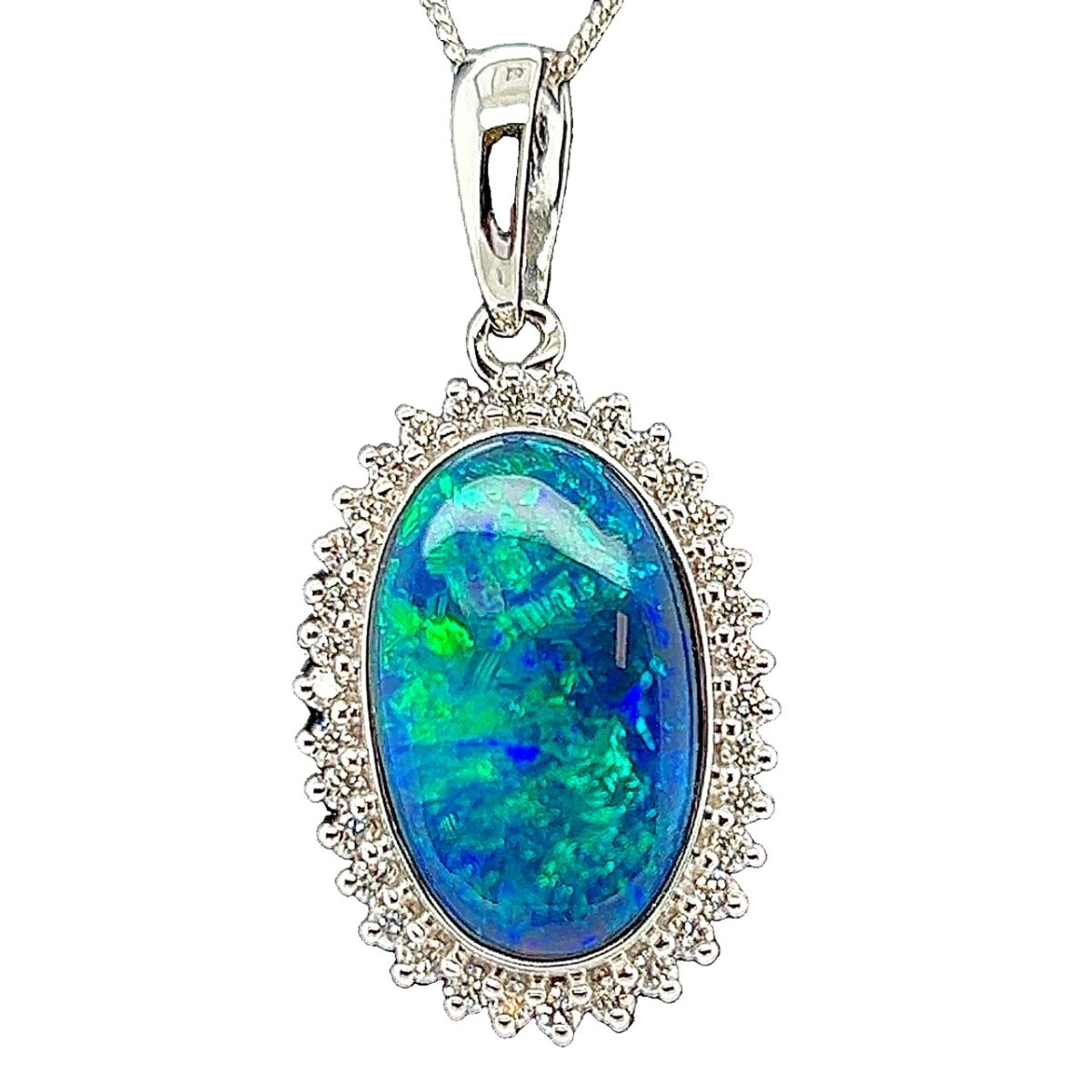 18ct White Gold Diamond Cluster Black Opal Pendant (blkp3404) 18ct White Gold Diamond Cluster Black Opal Pendant (blkp3404)