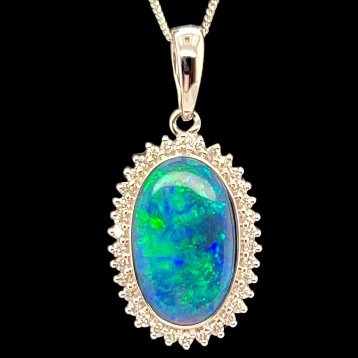 18ct White Gold Diamond Cluster Black Opal Pendant (blkp3404) 18ct White Gold Diamond Cluster Black Opal Pendant (blkp3404)