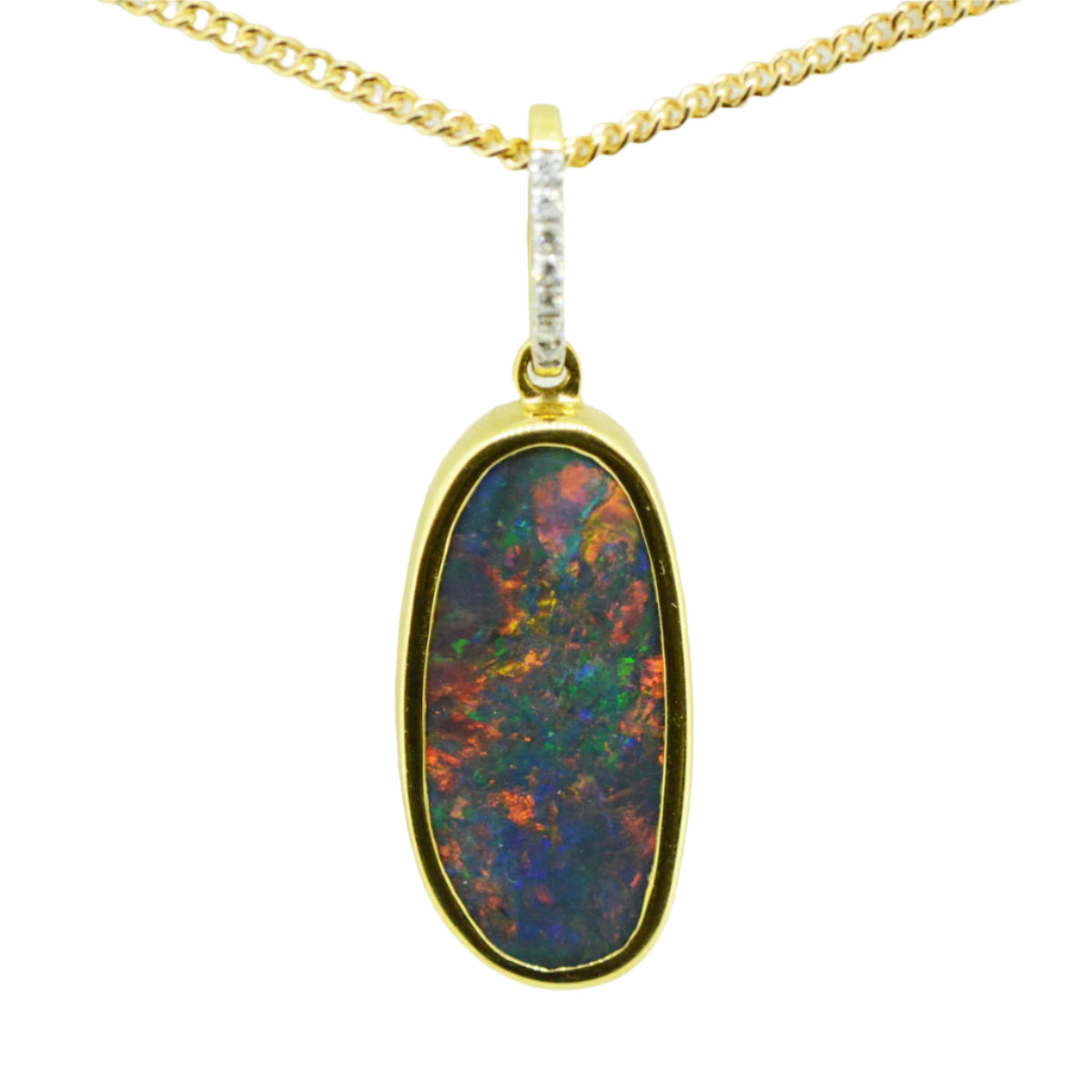 18ct Yellow Gold Solid Black Opal Pendant set with 7 Brilliant Cut Diamonds (BLKP3839) 18ct Yellow Gold Solid Black Opal Pendant set with 7 Brilliant Cut Diamonds (BLKP3839)