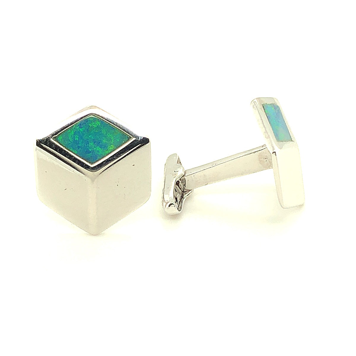 Diamond Shaped Sterling Silver Inlaid Opal Cufflinks