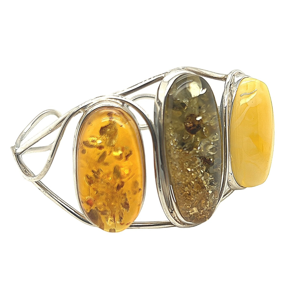 Sterling Silver Trio Stone Amber Bangle