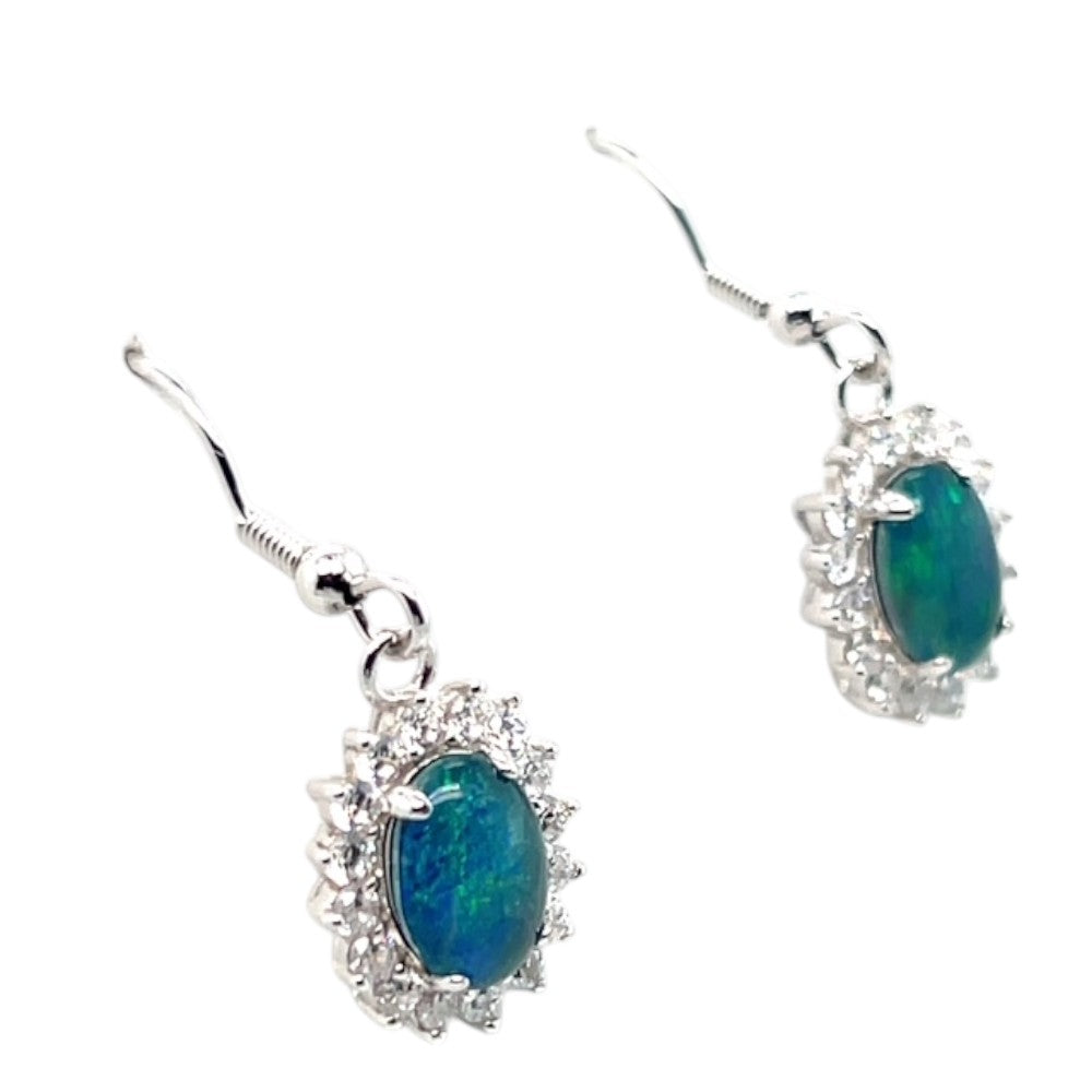 Sterling Silver Triplet Opal Earrings Surrounded by Crystals (sste1098)