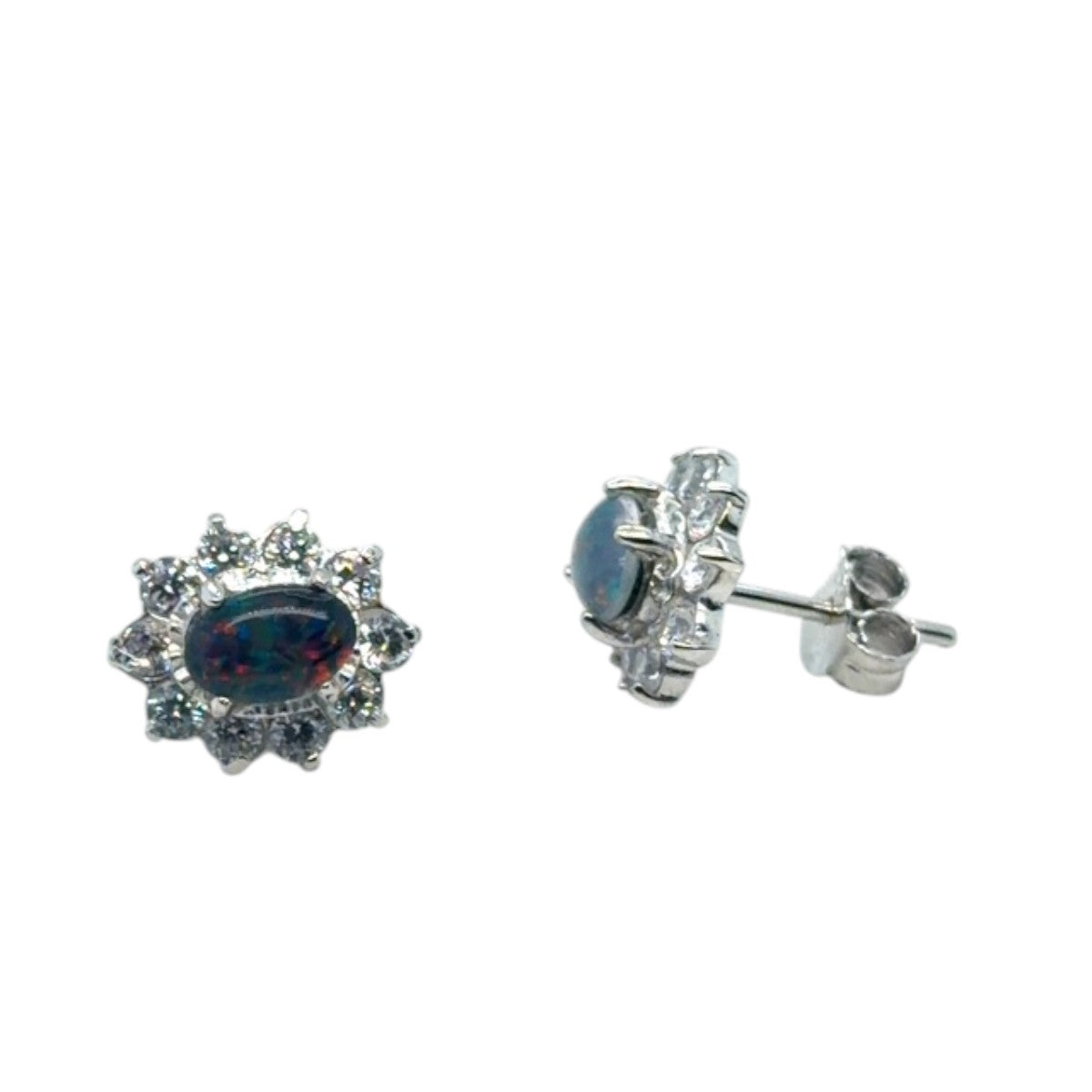 Sterling Silver Triplet Opal Earrings Surrounded by Crystals (sste1089)