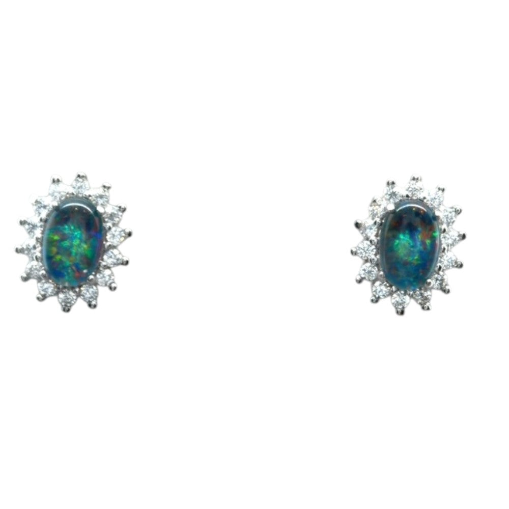 Sterling Silver Triplet Opal Earrings Surrounded by Crystals (sste1089)