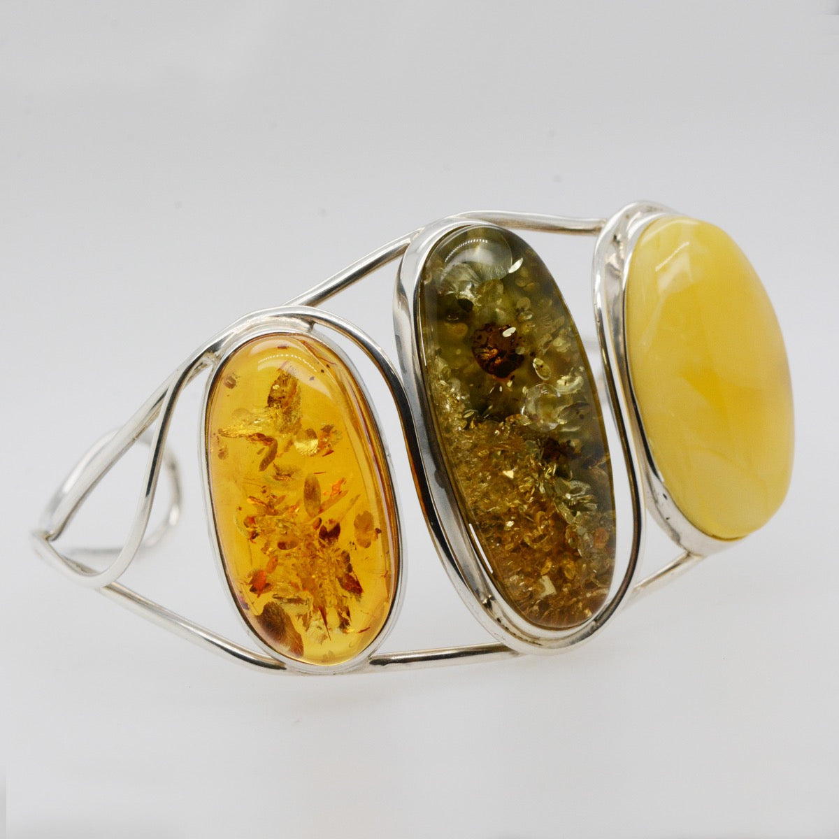 Sterling Silver Trio Stone Amber Bangle (ambra212)