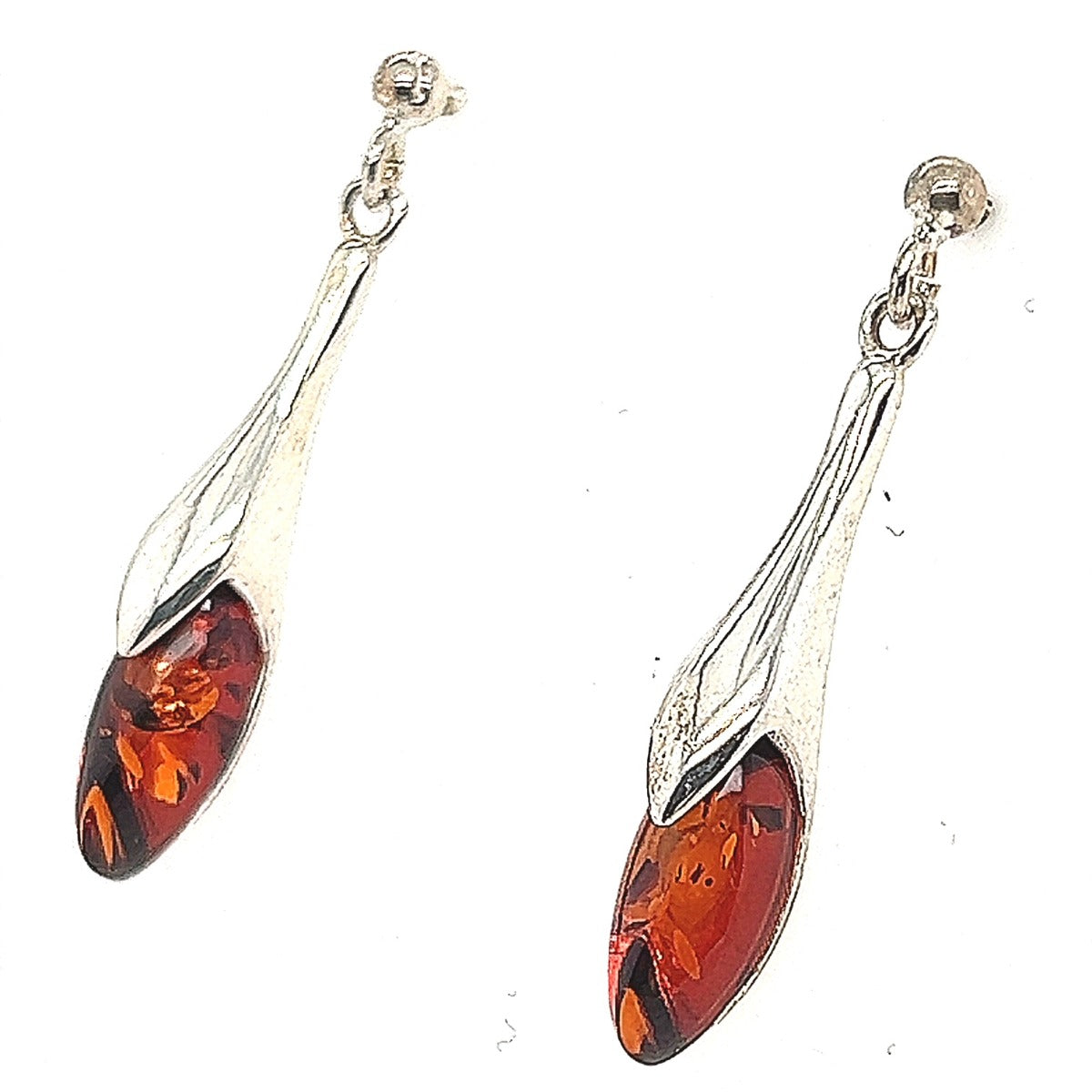 Long Drop Silver Amber Earrings