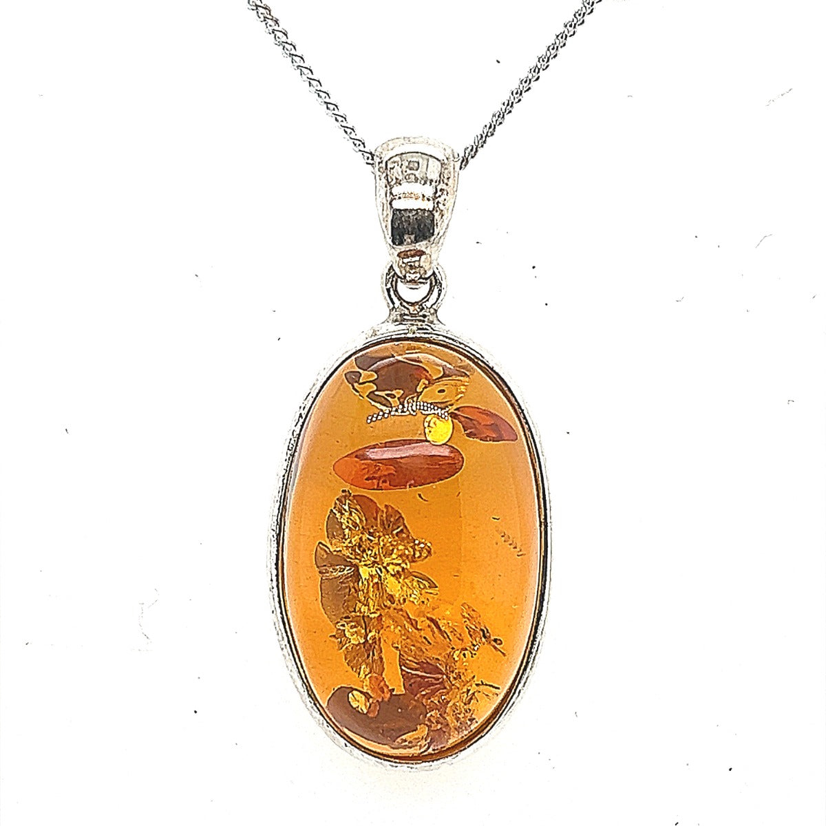 Large Oval Amber Silver Pendant