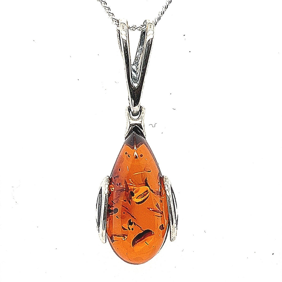 Silver Tear Drop Amber Pendant (20x10mm)