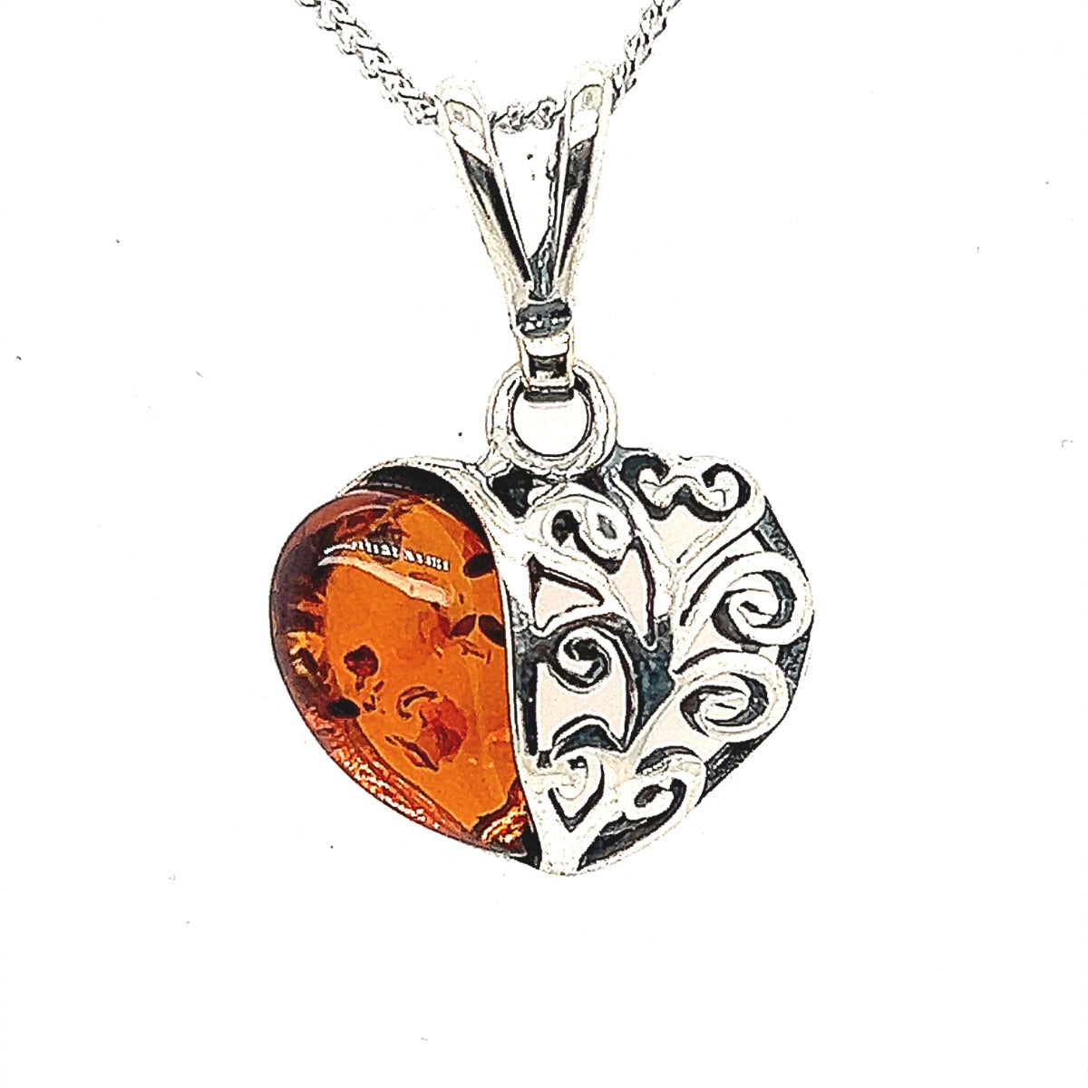 Heart Shaped Amber Pendant in Silver