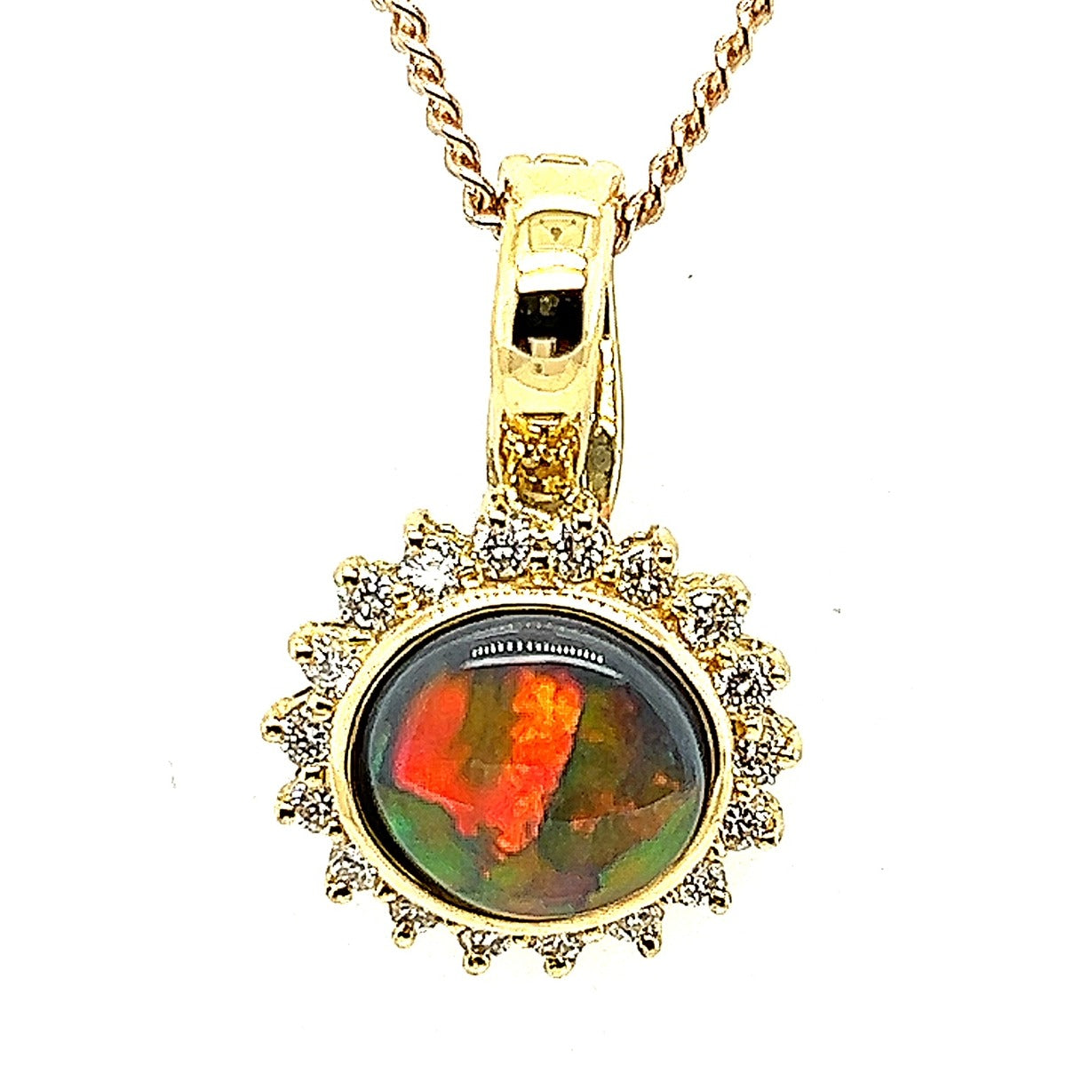 18ct Yellow Gold Black Opal Pendant Surrounded By Diamonds