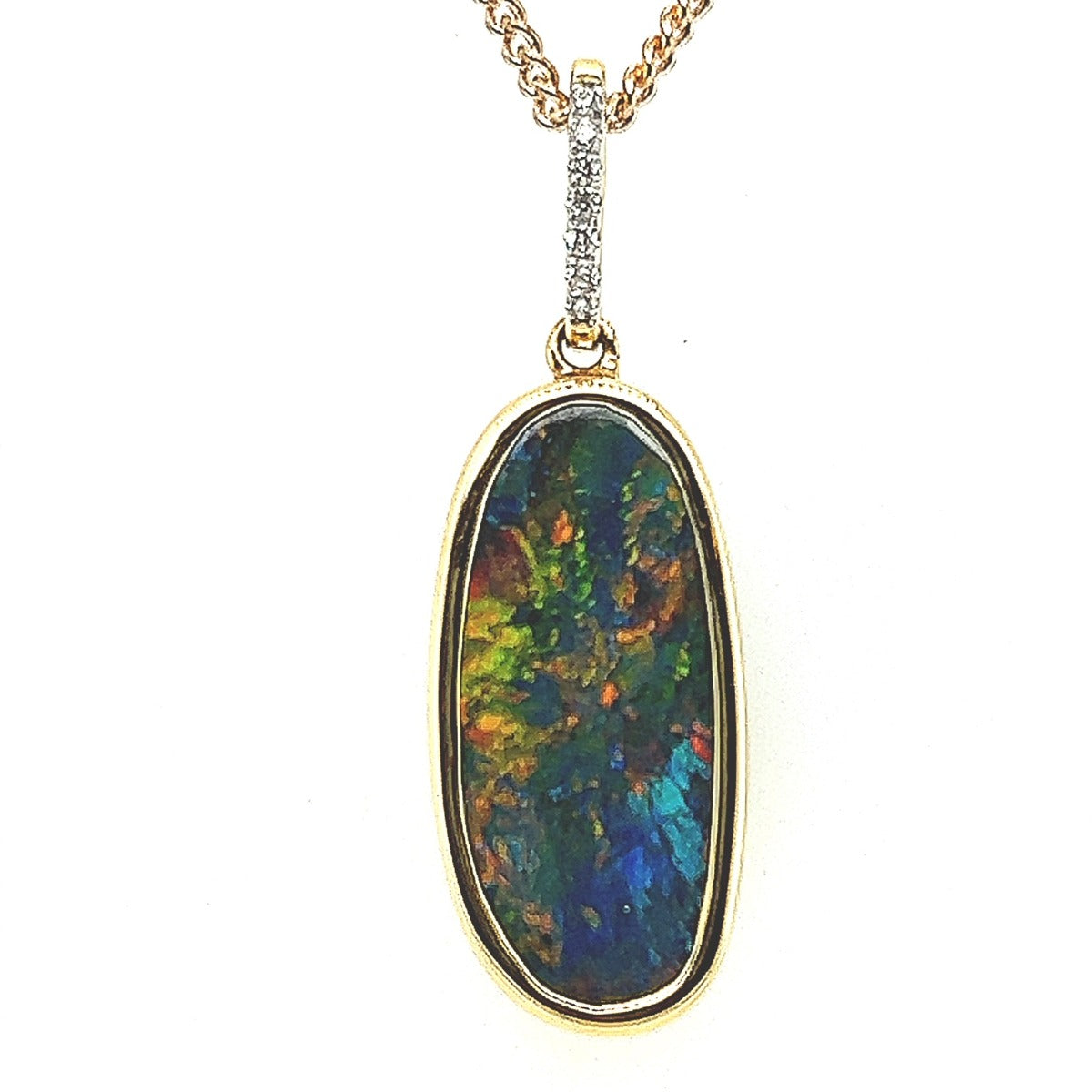 18ct Yellow Gold Solid Black Opal Pendant set with 7 Brilliant Cut Diamonds