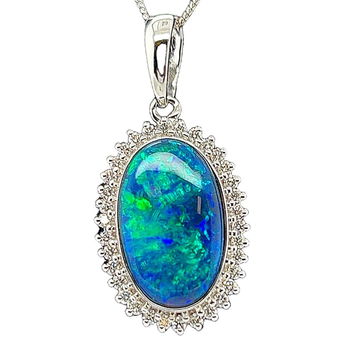 18ct White Gold Diamond Cluster Black Opal Pendant