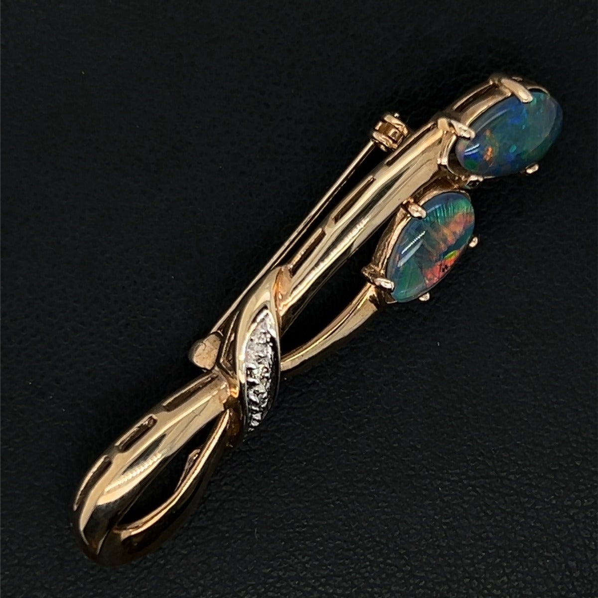 Irregularly Shaped 9ct Yellow Gold Triplet Opal Brooch with Diamonds (br3339)