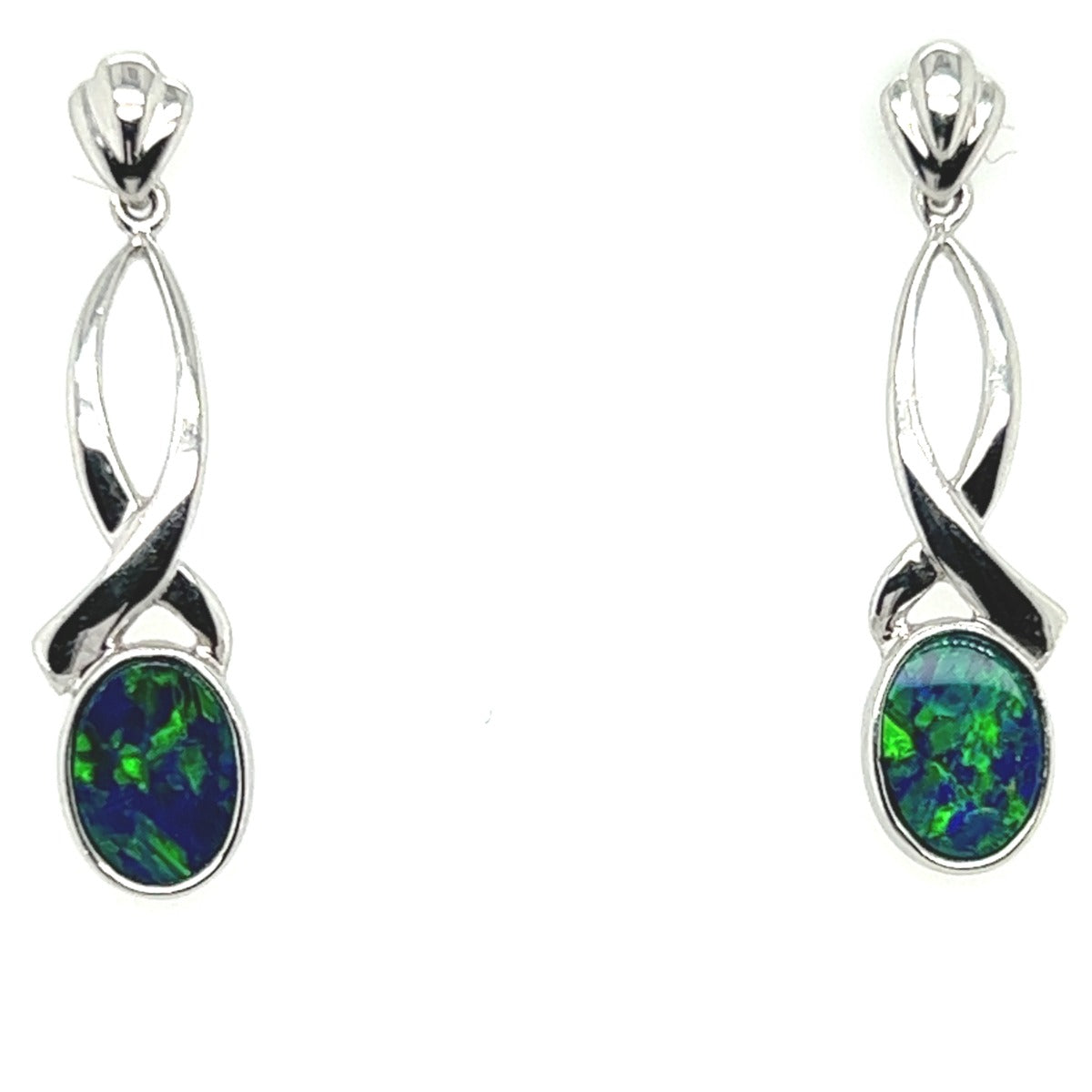 14ct White Gold Drop Doublet Opal Earrings (de44)