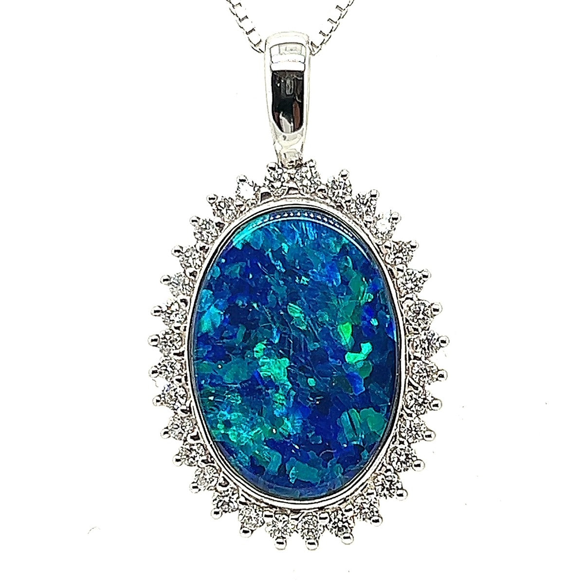 14ct White Gold Doublet Opal Pendant Surrounded By diamonds