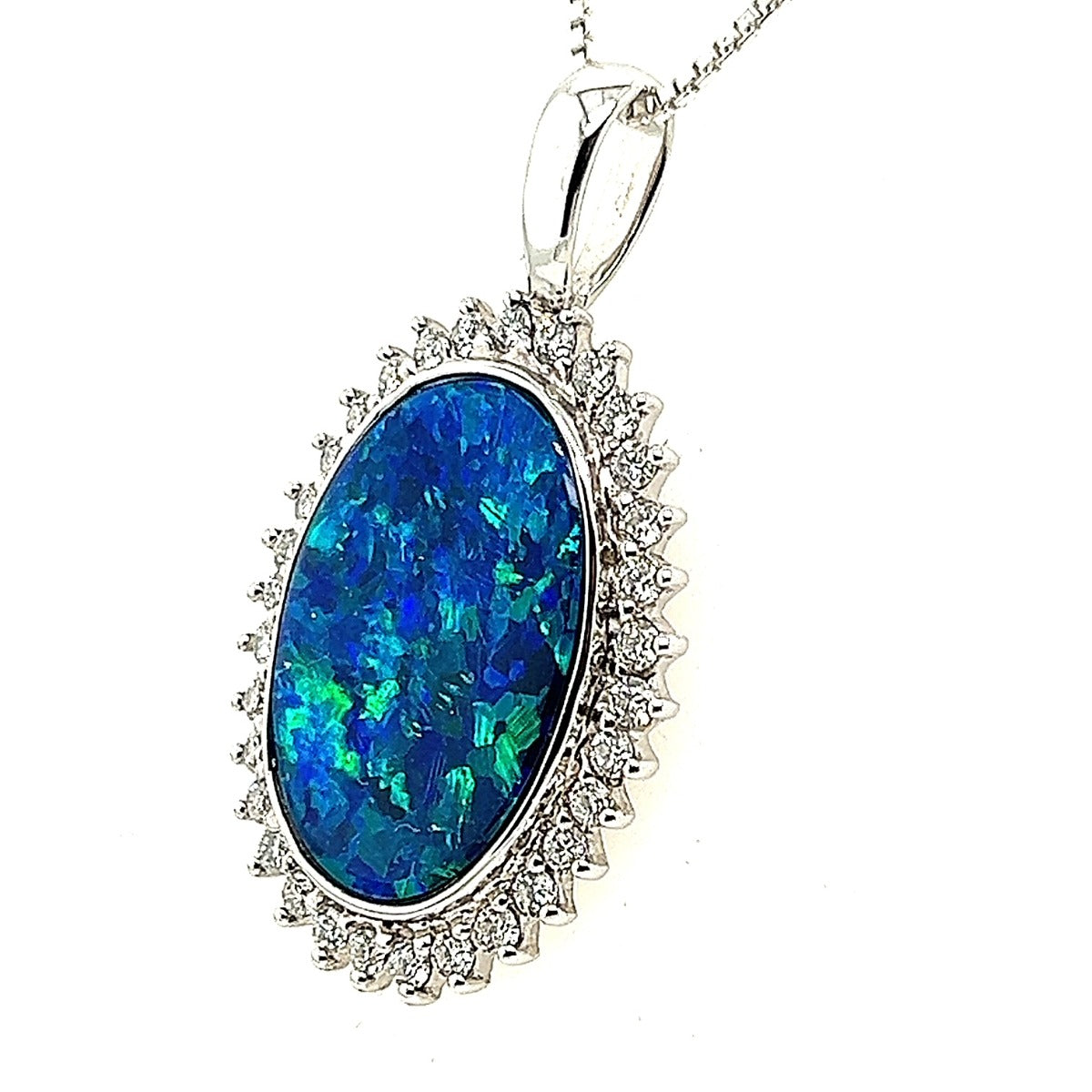 14ct White Gold Doublet Opal Pendant Surrounded By diamonds