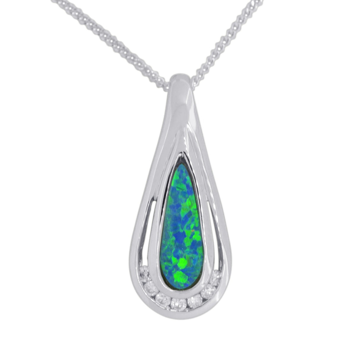 18ct white gold doublet opal pendant set with seven diamonds