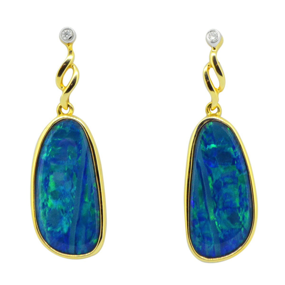 14ct Yellow Gold Doublet Opal Earrings Set With 2 Diamonds (de1418)