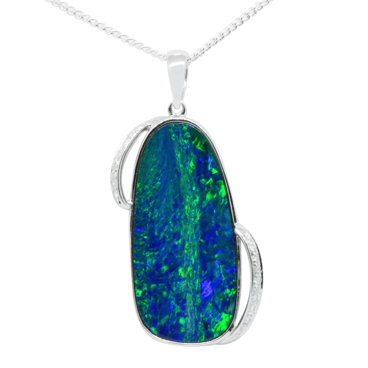 14ct White Gold Diamond Encrusted Doublet Opal Pendant