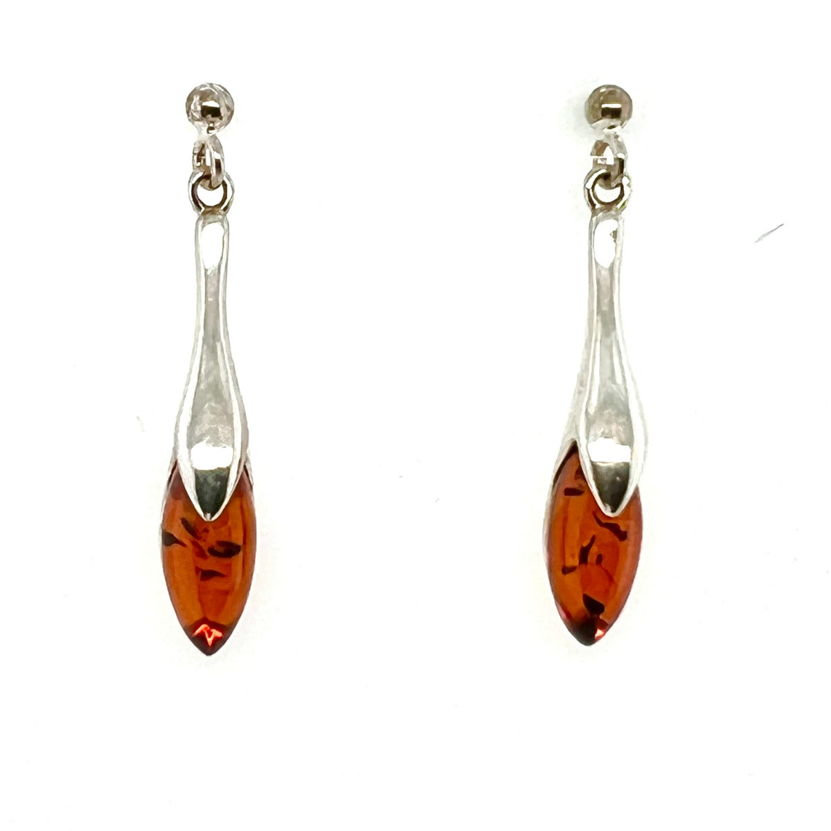 Long Drop Silver Amber Earrings