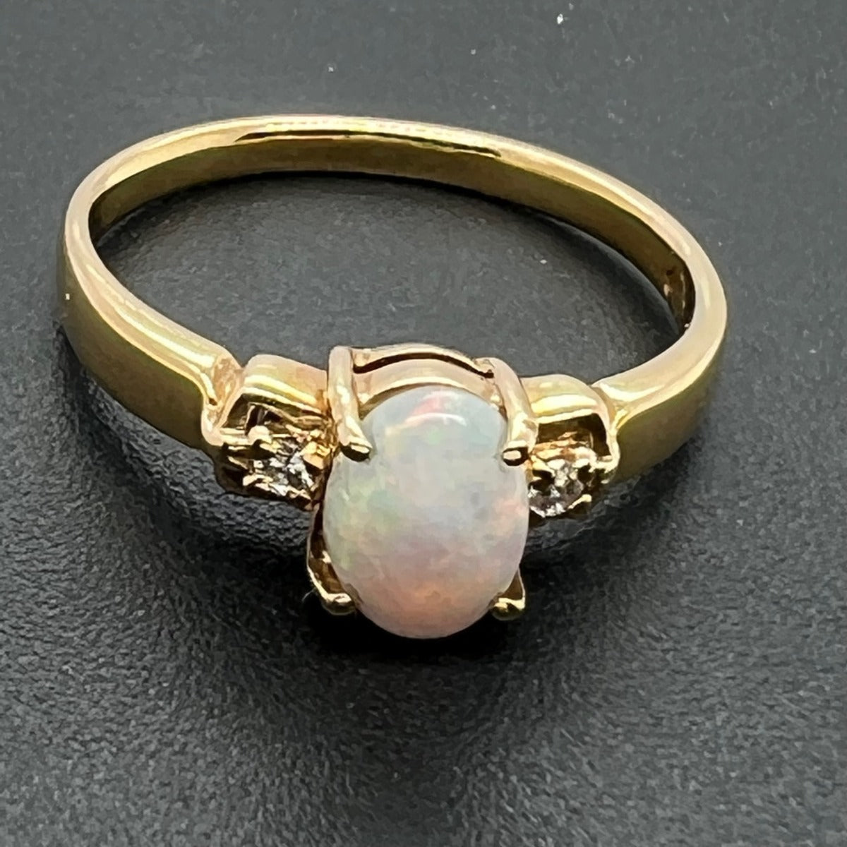 18ct Yellow Gold Solid Opal Ring Set with 2 Brilliant Cut Diamonds