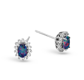 Sterling Silver Triplet Opal Earrings Surrounded by Crystals (sste1089)