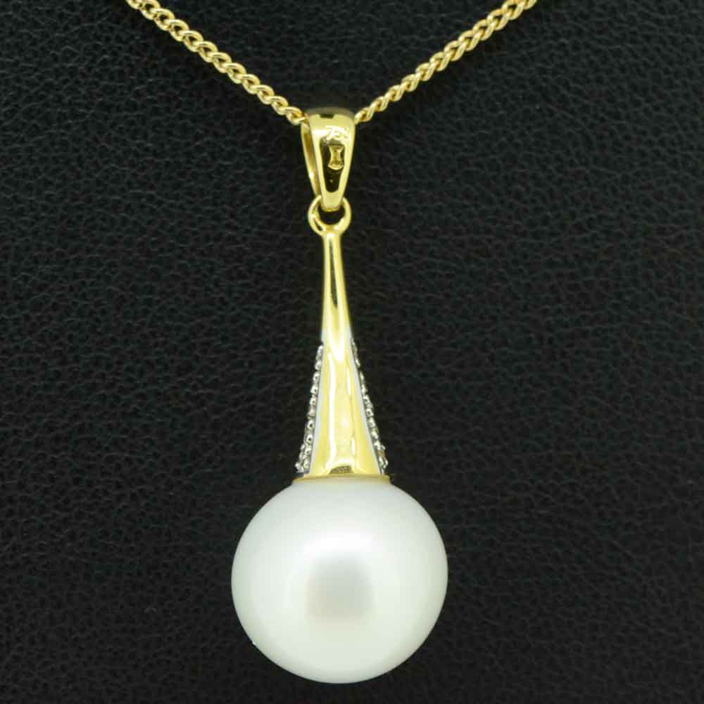 18Ct Yellow Gold White South Sea Pearl Pendant Set With Diamonds (PEARL3)