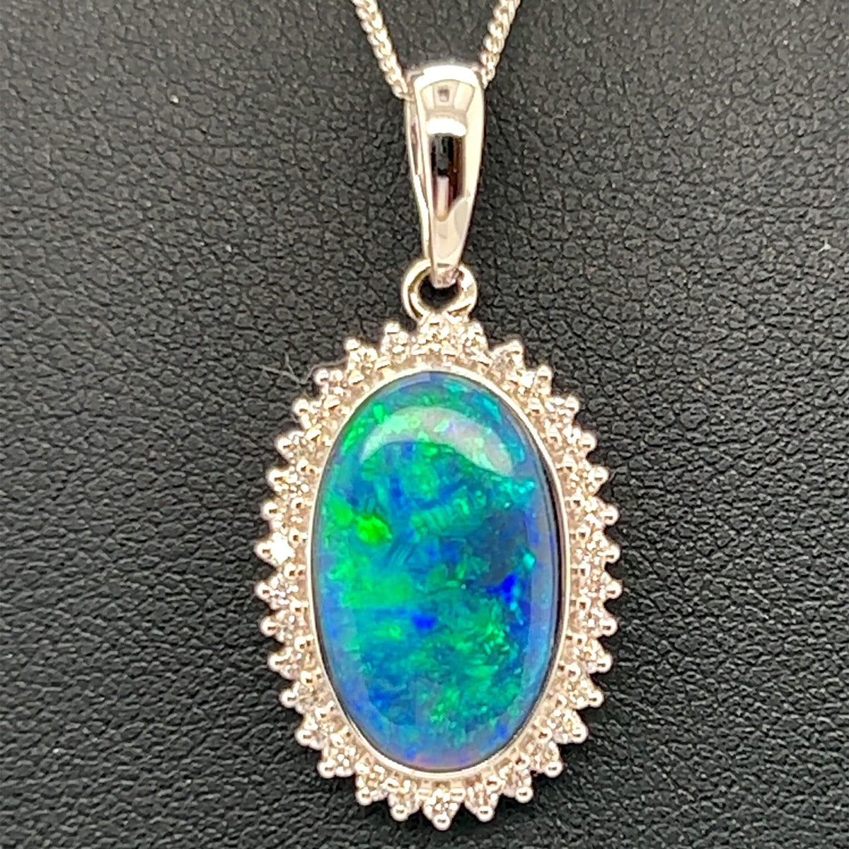 18ct White Gold Diamond Cluster Black Opal Pendant