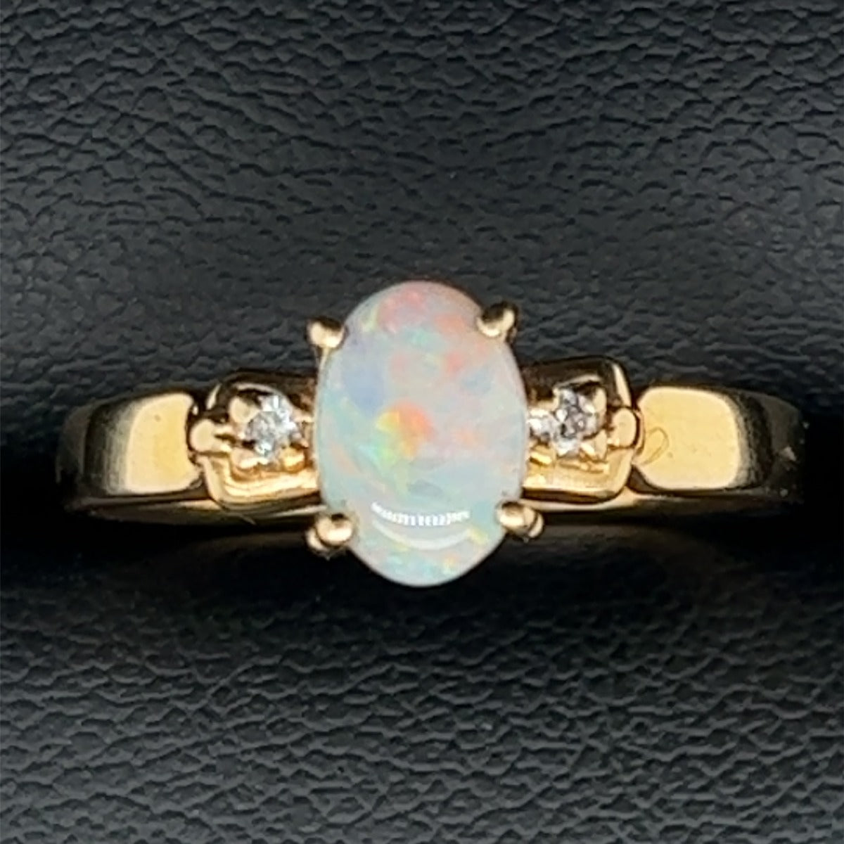 18ct Yellow Gold Solid Opal Ring Set with 2 Brilliant Cut Diamonds