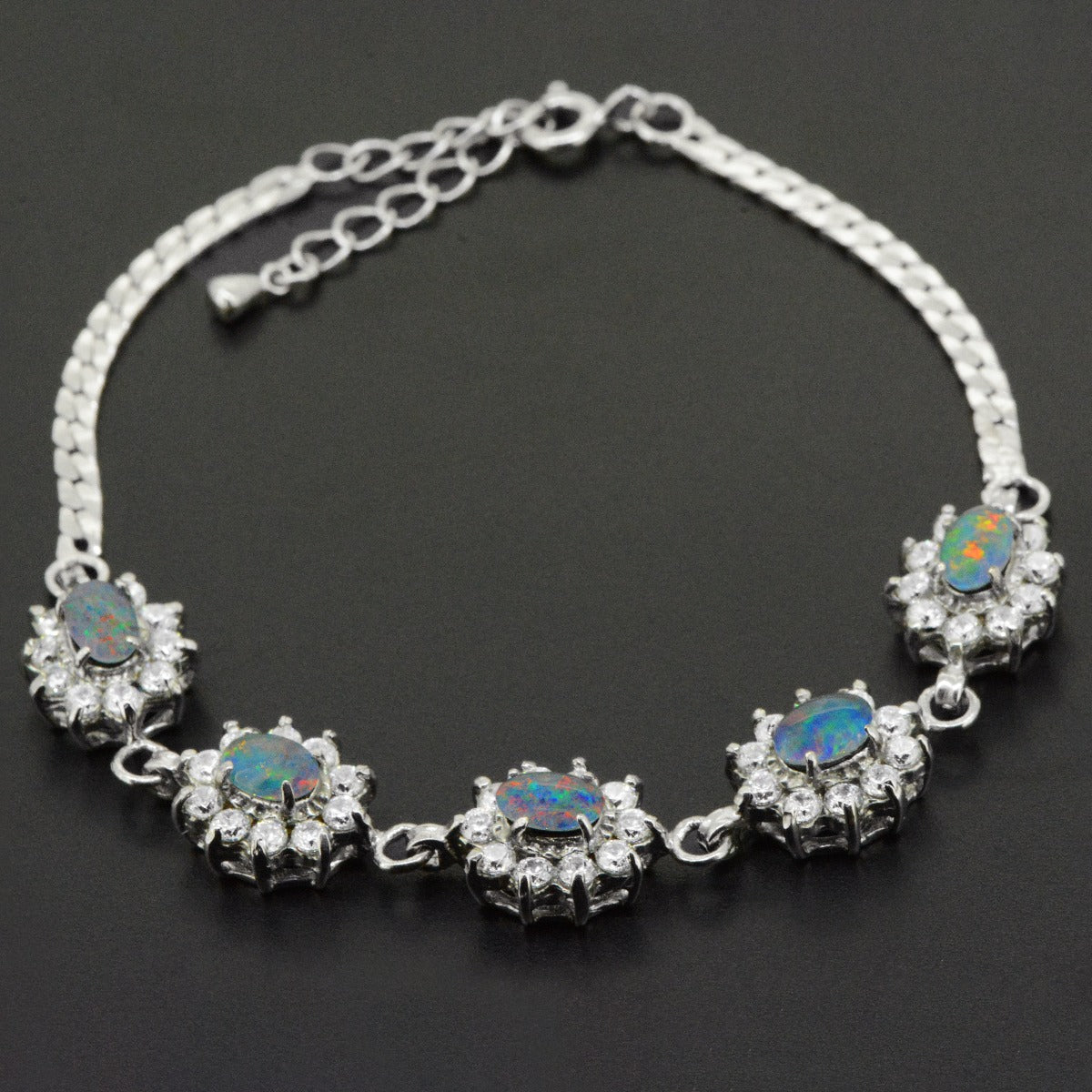 Sterling Silver Triplet Opal Bracelet set with Crystals 9sstb7494)