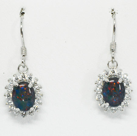 Sterling Silver Hanging Triplet Opal Earrings Surrounded by Crystals (sste1098)