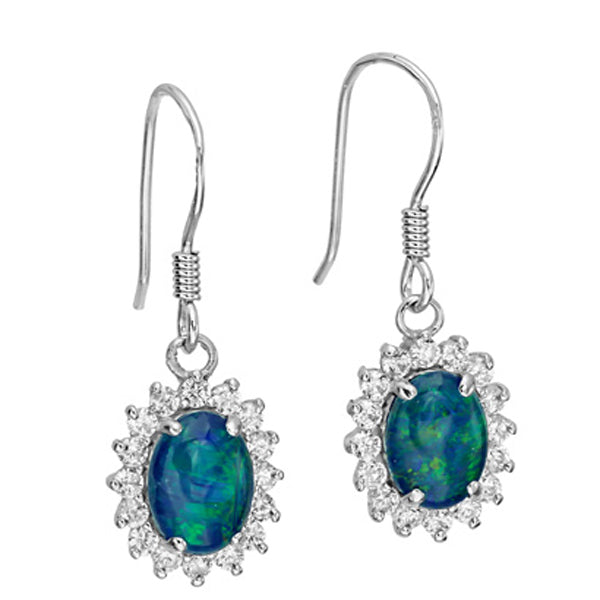 Sterling Silver Hanging Triplet Opal Earrings Surrounded by Crystals (sste1098)