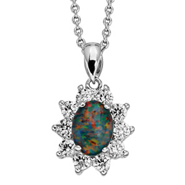 Triplet Opal Pendant Set In Sterling Silver Surrounded By Crystals