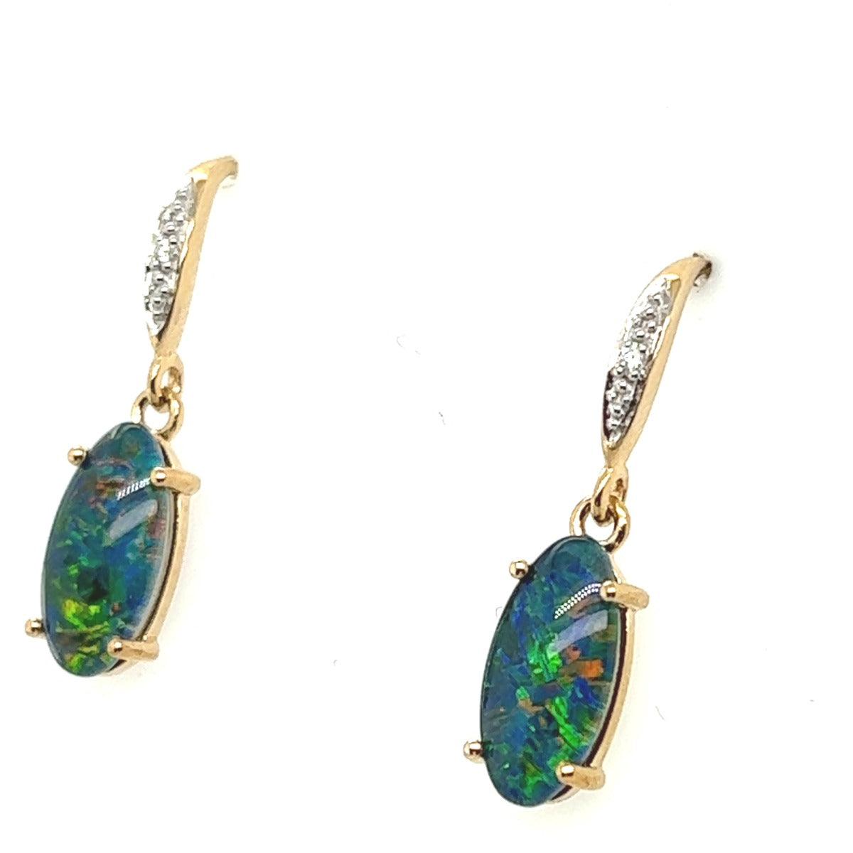 9ct Gold Drop Triplet Opal Earrings with Diamonds (12x6)